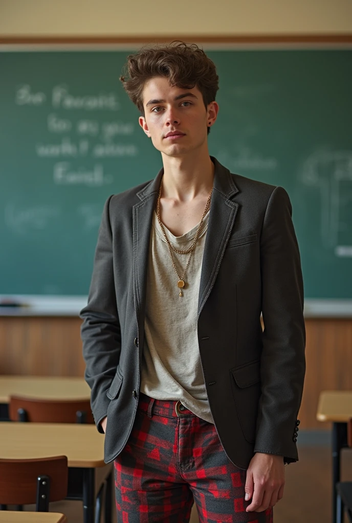 A photo of a gay boy teacher in the classroom wearing vulgar clothes and