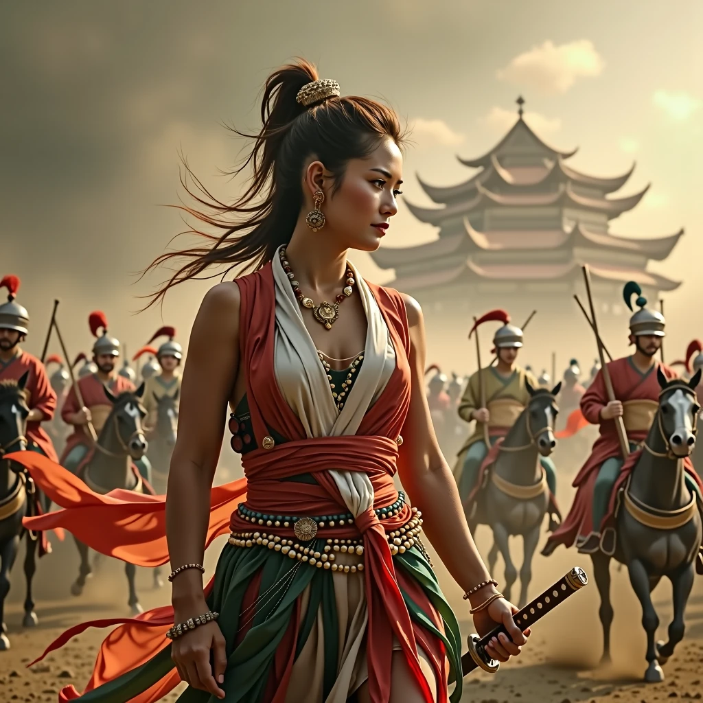 ,((with highest quality: 1.4))), (unrivaled masterpiece), (Ultra high definition), (art by Carne Griffiths), (ultra-realistic 8K CG), Official artwork, Hand holding katana,cloth cloak costume silk, red combination of green and white shawl., seen from below, (dark shot), Beautiful female warrior, Majapahit princess, , hair tied in a ponytail, flowing softly, beautiful clean face, tanned skin: 1.2, half body portrait of head to thigh, Background of Majapahit warriors riding horses, dusty background, beautiful shadows、Sunlight creates beautiful shadow gradients、Add depth to the image, (Muffled colors, muted colors, Muted Tones: 1.3), Low saturation, (Hyper Detail: 1.2), Perfect Anatomy, ,