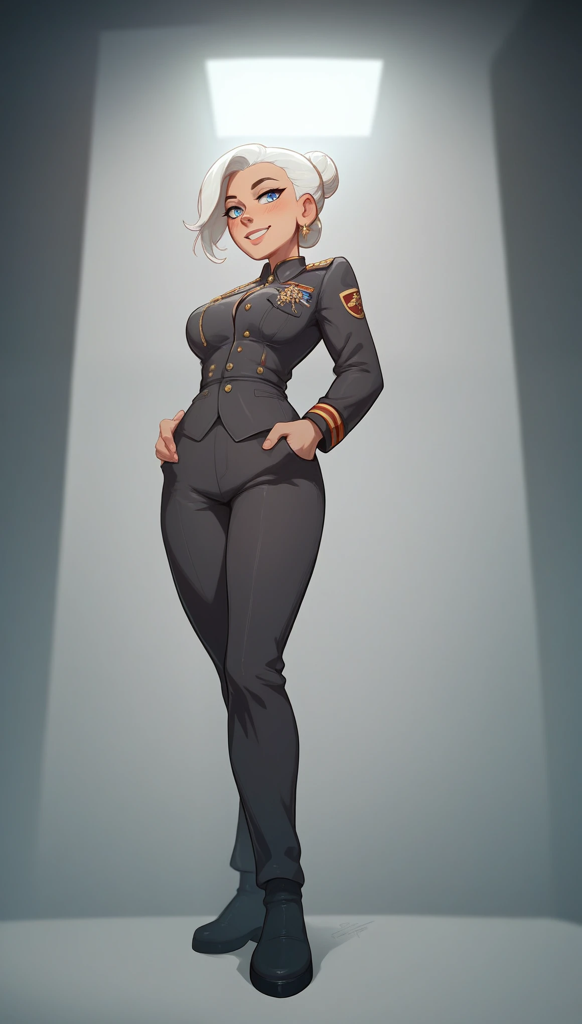 A full-body portrait of a beautiful young woman with white hair and light blue eyes. The image is viewed from a slightly low angle, showing her full figure in a modern military uniform. Her posture is strong and confident, with her cheeks subtly blushed, and she is glancing to the side. The background is minimalistic, ensuring the focus remains on her entire figure., light smile, depth of field, cinematic lighting, highres, best quality, super detail, masterpiece