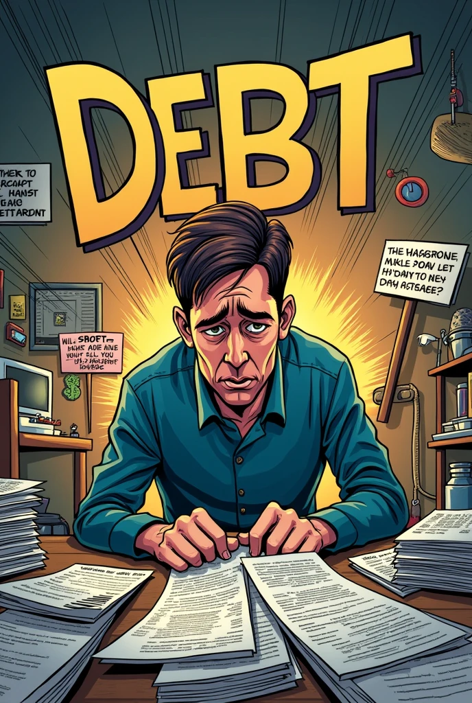 A person is debt trapped, being harrassed by debt collection agents and surrounded by day to day bills. Comic style. Put some signboards for easy understanding of the matter. Horizontal