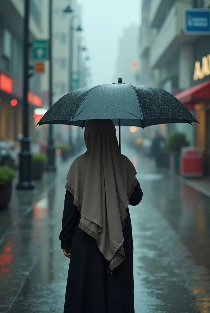  Rear photo for Muslim girl standing street raining and holding an umbrella 