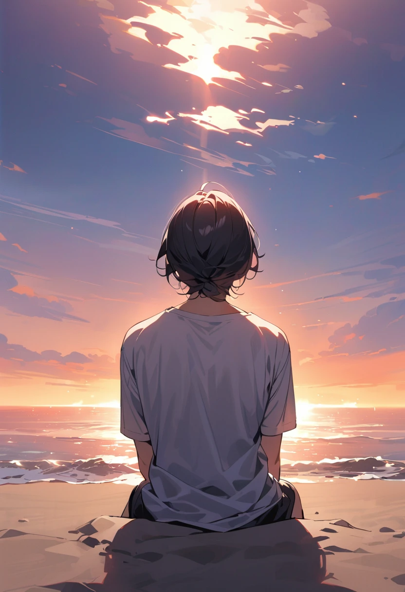 (masterpiece, best quality,ultra highres),Back view of a man sitting on a sandy beach at sunset and looking out at the sea,t-shirt,Blank Space,Sadness atmosphere,The illusion of a memorable lover,Magnificent View,