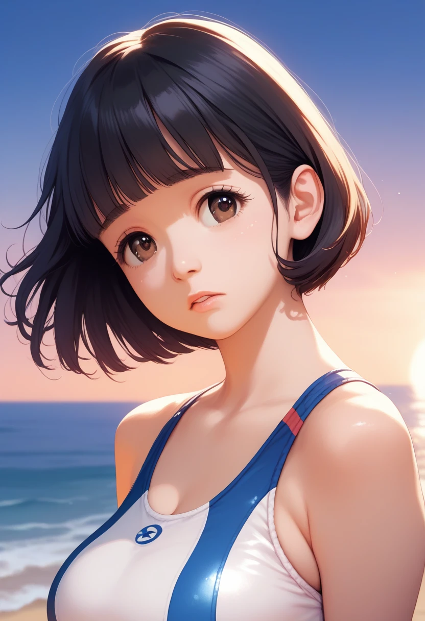 score_9,score_8_up,score_7_up,masterpiece,best quality, source_anime, realistic, super detailed, extreme detailed, rating_safe,
1girl, standing, profile, upper body,
BREAK 22yo, short hair, bob cut, (blunt bangs), black hair, (tareme, detailed cute brown eyes), curled eyelashes, (large breasts:0.9),
shiny hair, beautiful detailed eyes, beautiful face,
one-piece swimsuit,
sad, parted lips,
outdoors, beach, sunset,