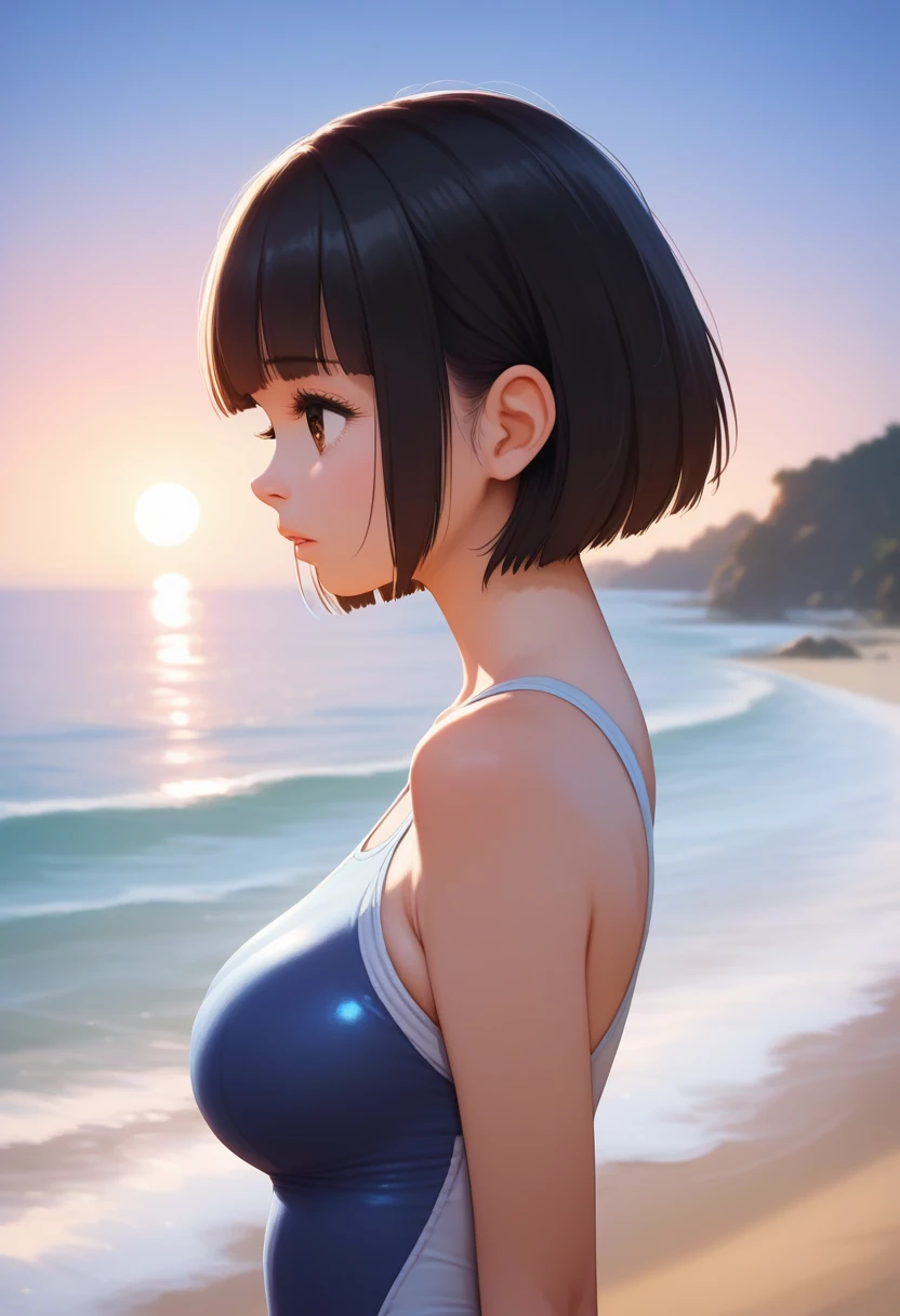 score_9,score_8_up,score_7_up,masterpiece,best quality, source_anime, realistic, super detailed, extreme detailed, rating_safe,
1girl, standing, profile, upper body,
BREAK 22yo, short hair, bob cut, (blunt bangs), black hair, (tareme, detailed cute brown eyes), curled eyelashes, (large breasts:0.9),
shiny hair, beautiful detailed eyes, beautiful face,
one-piece swimsuit,
sad, parted lips,
outdoors, beach, sunset,