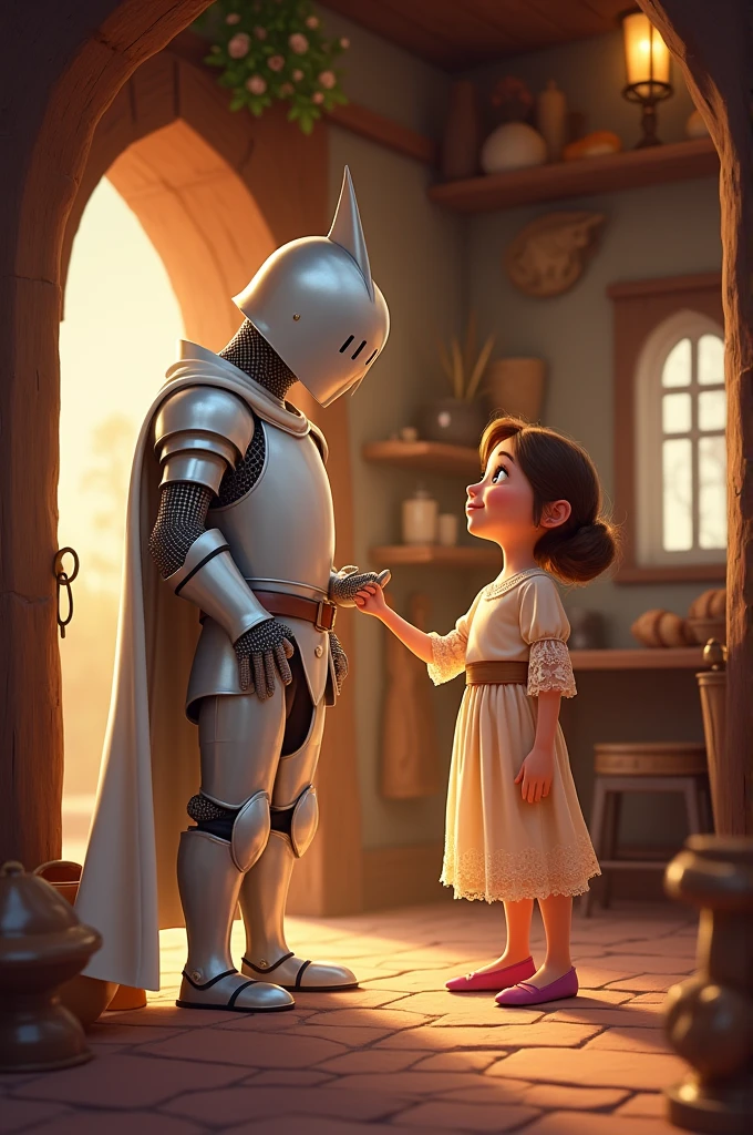 A animated white knight welcomed by a innpeekers daughter