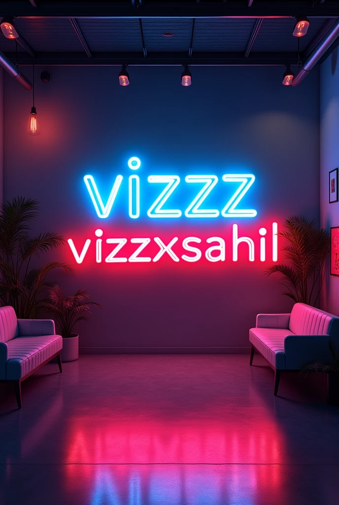 create a web came youtube studio background with a modern and sleek design in the centre of background display the name VizZzxSAHiiiL in bright neon light with correct spelling and same letters The neon light should be a vibrate colour such a electric blue and red Surround the neon text with subtle complementry lighting and decor that enhance the studio aesthetic .The overall ambiance should be stylish , professional,and inviting, peefect for a youtube content creator's studio