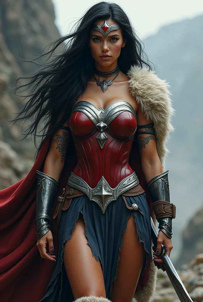 (((Black legis una hermosa mujer de cabello alborotado por el viento negro largo bajo el manto de la guerrera amazona Wonder Woman((((((Black legis)))))),(((Red corset with a wide silver metal eagle covering her breasts as an emblem))),(((Dark silver metal bracelets))),(((Sheepskin boots up to the knees with sheepskin trim)),(((Sheepskin on his shoulders))),(((Tattoos on one of her arms and a wide silver metal headband with a red star ruby on her forehead)))Giant Viking style sword in his hand))),(((Wonder Woman Vikingo))),(((Black legis))),((((((Red boots in sheepskin with beige trim)))))),((((((Black legis)))))),((((((((Black legis )))))))),(((((Sheepskin boots)))))