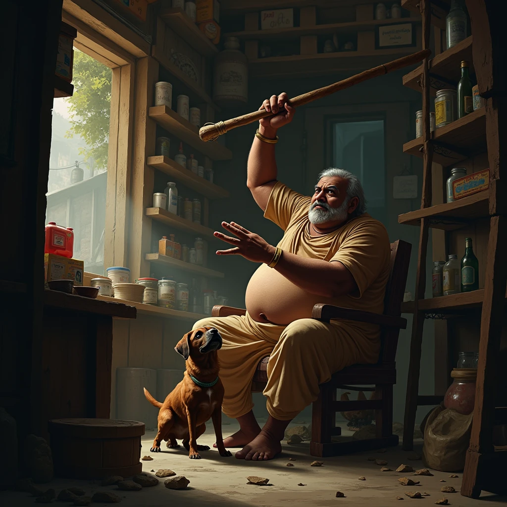 A fat Indian shopkeeper who is seated in his shop is hitting a dog from stick and the dog ran away realistic