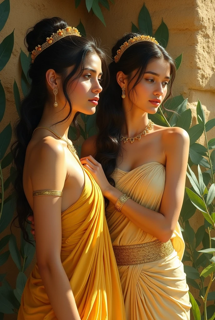 Sigiriya wall art beautiful women in real life zoom ,light gold mixed yellow skin