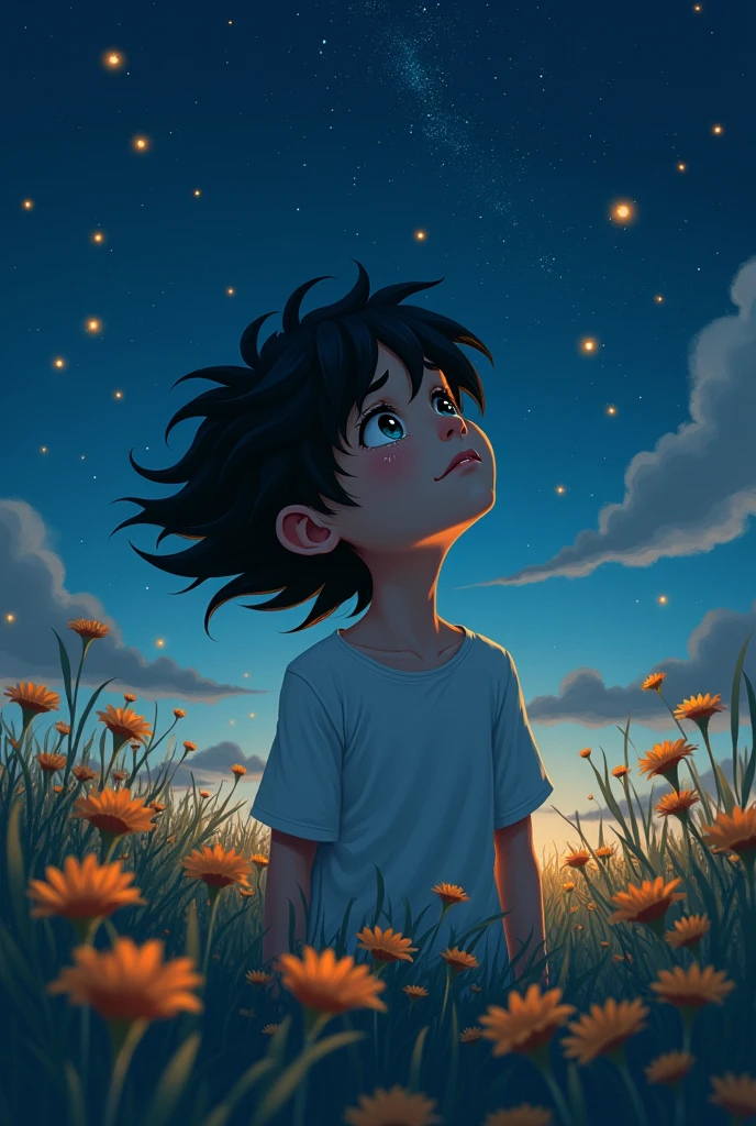 Boy with black hair on a meadow with flowers and fireflies.it's night.There are stars.his hair blows in the wind. He cries but smiles. He listens to music