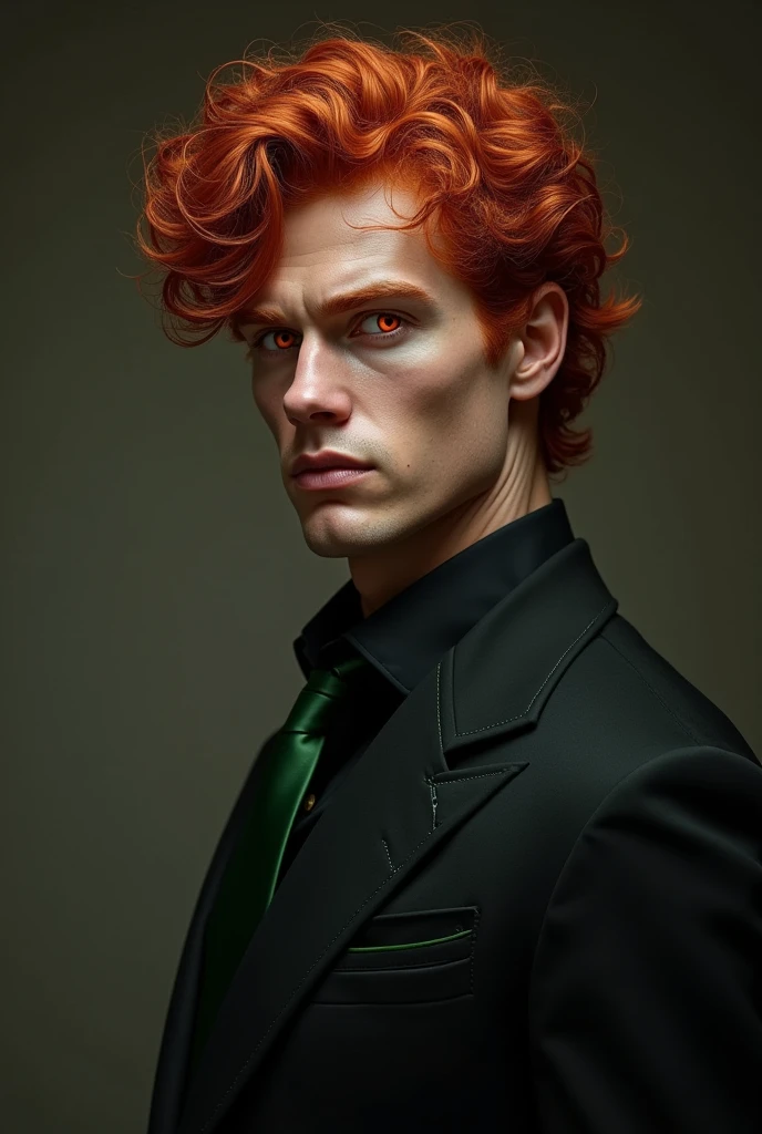 Serious , curly, red haired guy with red eyes. Standing in profile, and the gaze is directed at the camera. Wearing a black shirt with a green tie, and the shirt is unbuttoned at the top, black suit with green line in collar. Realism.