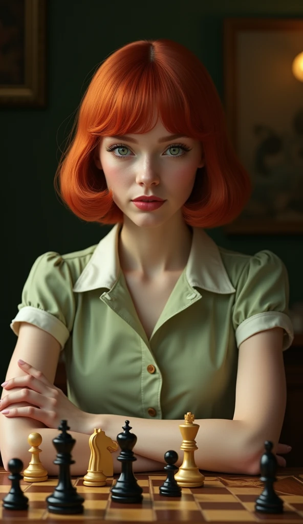 Create an image of a young woman resembling Beth Harmon from 'The Queen's Gambit.' She has red hair styled in a vintage bob haircut, pale skin, and green eyes. The woman is wearing a 1960s-inspired outfit, perhaps a collared dress or a stylish blouse and skirt, sitting at a chessboard with an intense, focused expression. The background could be a classic, dimly lit room or a chess tournament hall, with a few scattered chess pieces on the board in front of her. The overall atmosphere should reflect a blend of intelligence, determination, and a hint of vulnerability.