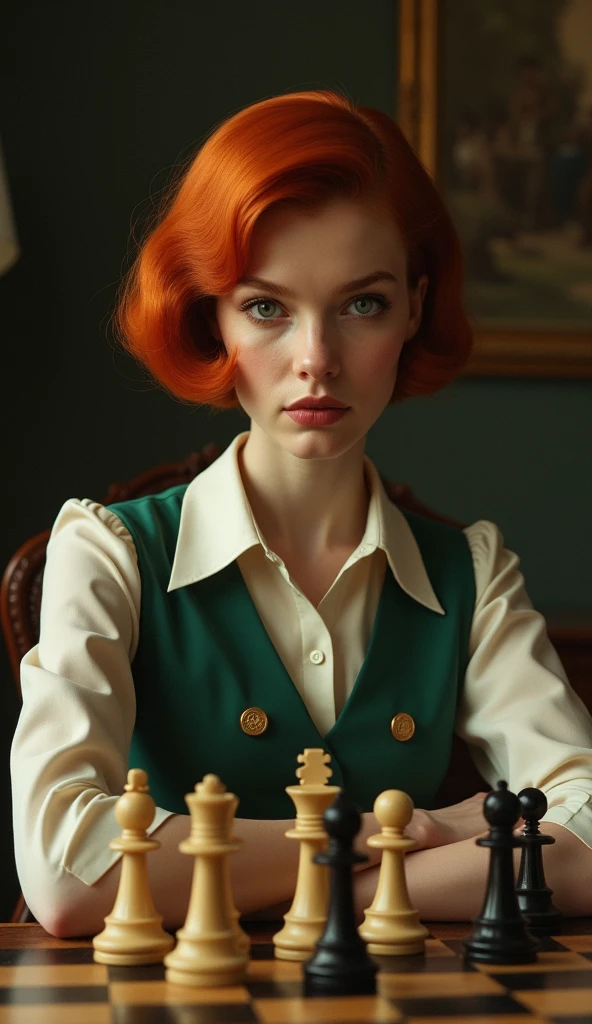 Create an image of a young woman resembling Beth Harmon from 'The Queen's Gambit.' She has red hair styled in a vintage bob haircut, pale skin, and green eyes. The woman is wearing a 1960s-inspired outfit, perhaps a collared dress or a stylish blouse and skirt, sitting at a chessboard with an intense, focused expression. The background could be a classic, dimly lit room or a chess tournament hall, with a few scattered chess pieces on the board in front of her. The overall atmosphere should reflect a blend of intelligence, determination, and a hint of vulnerability.