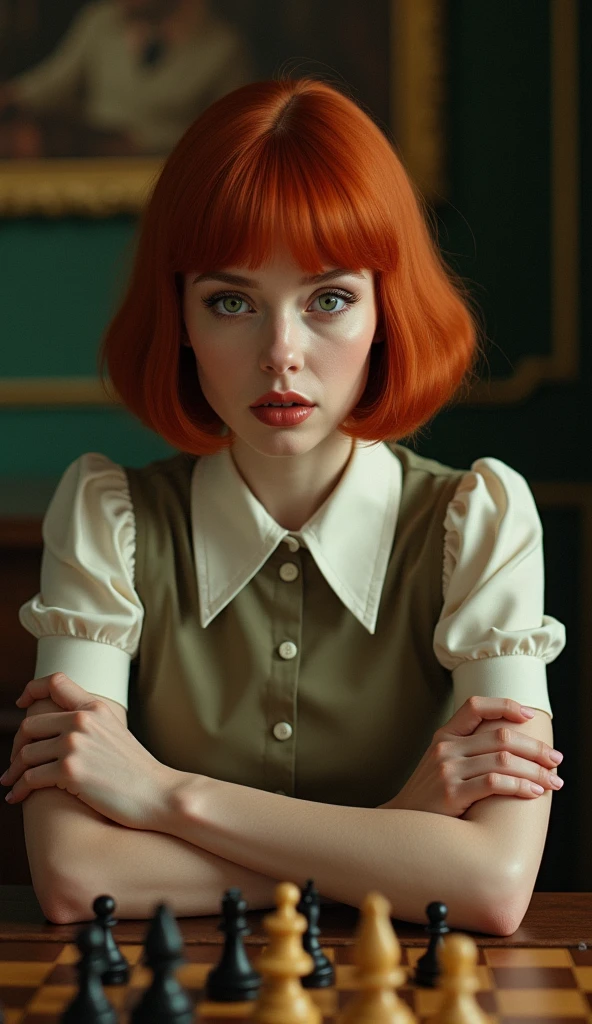 Create an image of a young woman resembling Beth Harmon from 'The Queen's Gambit.' She has red hair styled in a vintage bob haircut, pale skin, and green eyes. The woman is wearing a 1960s-inspired outfit, perhaps a collared dress or a stylish blouse and skirt, sitting at a chessboard with an intense, focused expression. The background could be a classic, dimly lit room or a chess tournament hall, with a few scattered chess pieces on the board in front of her. The overall atmosphere should reflect a blend of intelligence, determination, and a hint of vulnerability.
