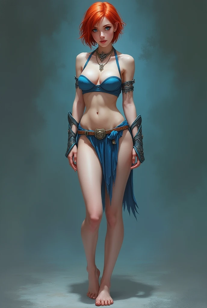 A (((full-body))), ultra-detailed, masterpiece fantasy art illustration of a World of Warcraft character, in the style of the video game. She is a beautiful, young, female ((human)) with short red hair and blue eyes. She has exquisite caucasian features and ((very pale milky-white porcelain skin)). She is very slim and , but with ((very large breasts)), and she is wearing only a skimpy blue top that reveals significant cleavage, and a very short skirt that leaves her ((very thin thighs)) completely bare. She is standing in a provocative pose that shows off her ((skinny legs)) and bare feet. Her (((whole body from head to toe))) is shown.