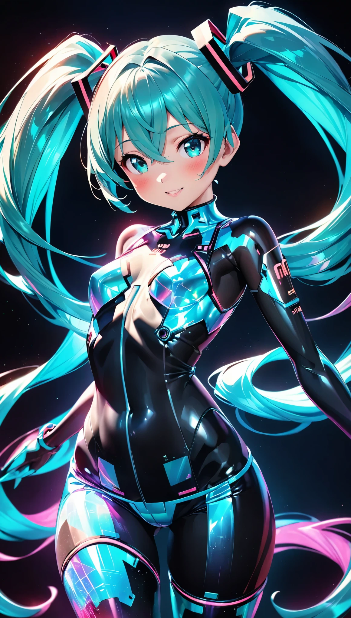 holography, Draw in neon colors, Beautiful holographic_Cyber Girl, Neon Hologram Suit, Shiny cyberpunk futuristic outfit, ((hatsune miku, Aqua Eye, Aqua Hair, bangs, whole body, Hair between the eyes, Long Hair, Twin tails, very Long Hair)), Slim figure:1.4, Beautiful Eyes, Glossy Lips, Glowing Skin, Detailed skin texture, ((smile, blush, Bust Shot)), Multi-colored holographic pattern, Dynamic pose:1.4, Dramatic lighting, Cinematic composition, Intricate details, (Highest quality:1.2, Very detailed, anime, Attention to detail, Ultra-high resolution, High Contrast, masterpiece:1.2, Highest quality, Best aesthetics),