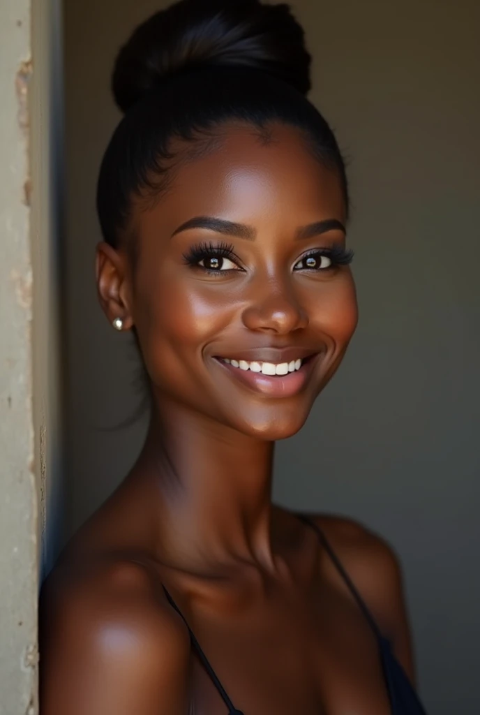 there is a black woman , the woman has her hair slicked back in to a bun, she has dark skin, with dark brownish skin, with long hair, smiles, she standing straight to the camera