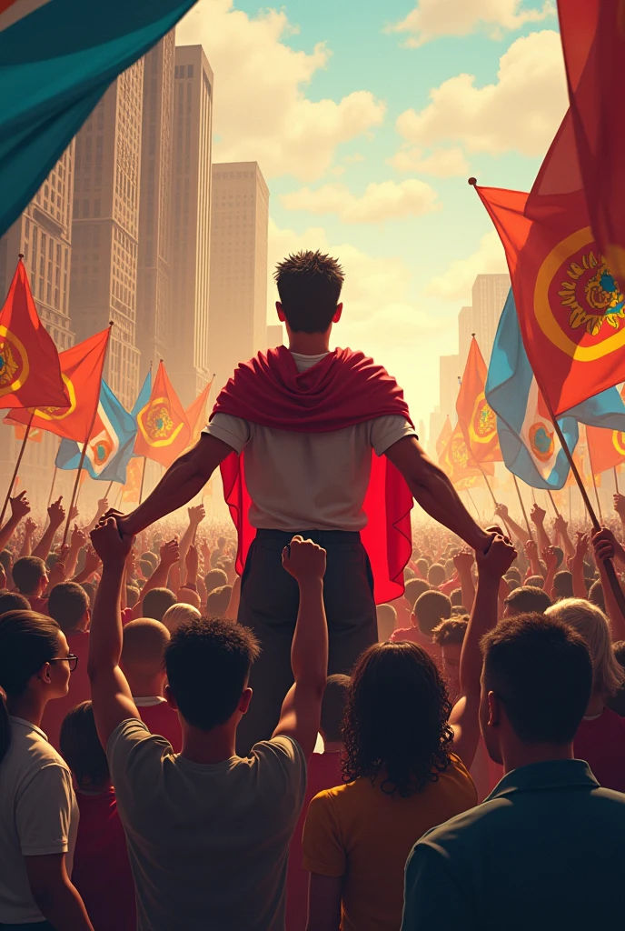 United people. Main person holding flag over shoulders. Crowd holding hands