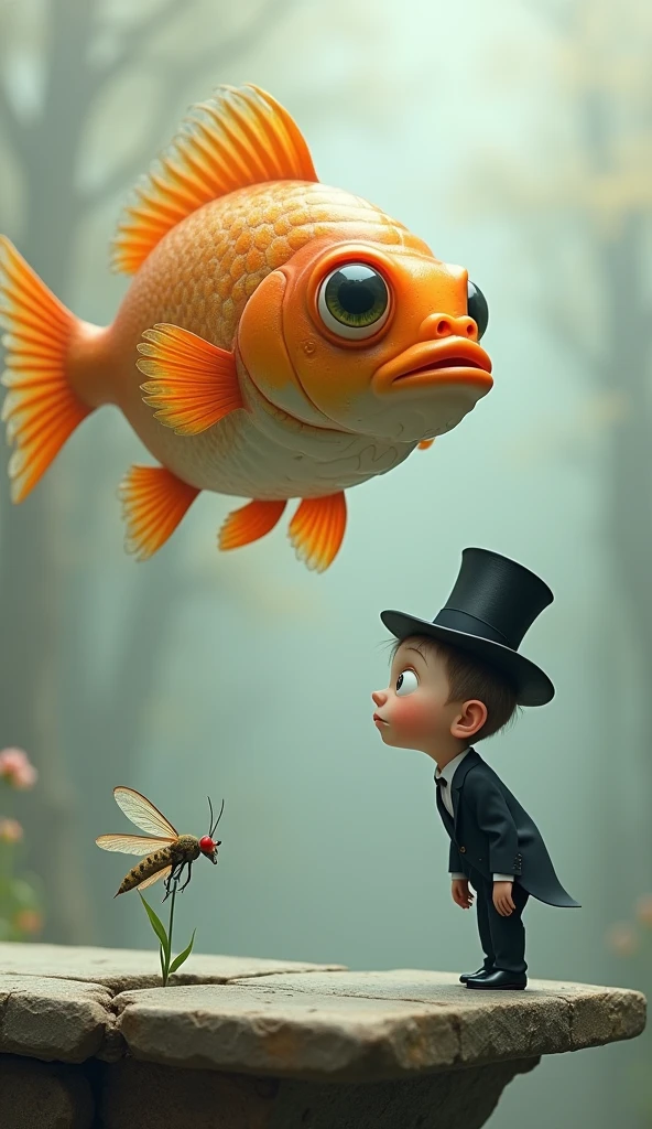 In a surreal, dreamlike setting, a large, anthropomorphic fish hovers in mid-air, its scales shimmering with subtle iridescent hues, and its large, round eyes, large eye ball, fat body, funny face, full of curiosity. The fish has vibrant orange fins that fan out gracefully, with delicate, translucent edges that catch the light. It faces a peculiar, a cartoonish boy who is dressed in a perfectly tailored black suit, complete with a crisp white shirt and a tall, slightly tilted top hat. The boy’s head is disproportionately large, exaggerated popped eyes that mirror the fish's inquisitiveness. His expression is one of intense focus, goofy as he leans precariously forward on the edge of a weathered platform, his hands clasped behind his back. Between them, a tiny, delicate insect with gossamer wings hovers, seemingly frozen in the moment. The background is an ethereal, muted blend of soft grays, beiges, and blues, with faint, abstract textures that enhance the otherworldly atmosphere of the scene. A single, fragile flower grows from a crack in the platform, adding a touch of whimsy to the already fantastical environment
