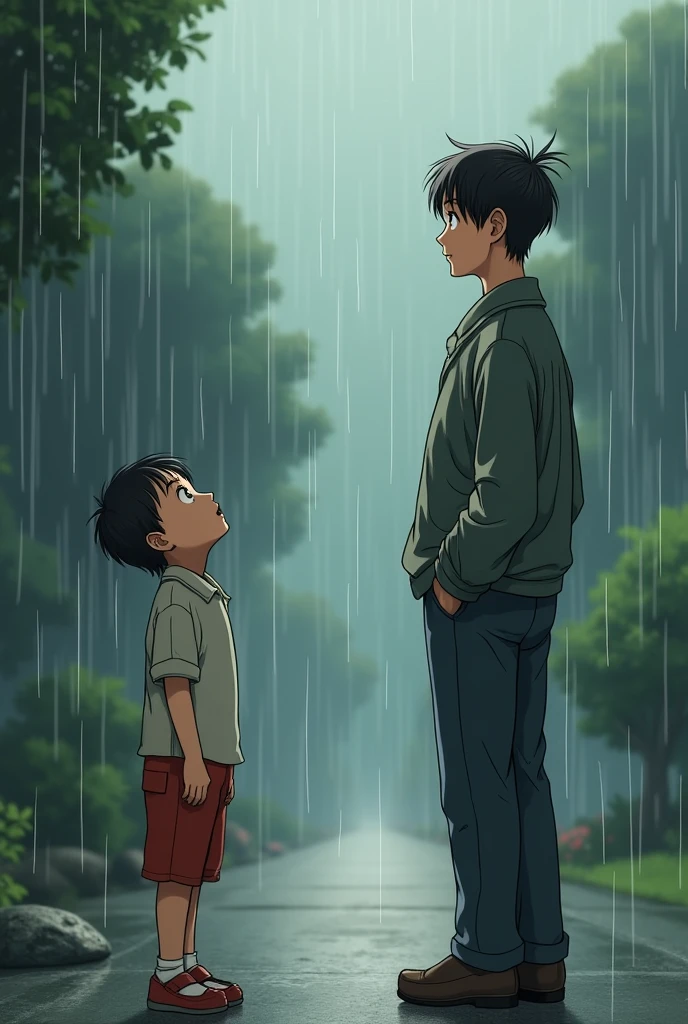 So created one gentleman hands inside the pant pocket with rain like a anime type and young boy looking upside