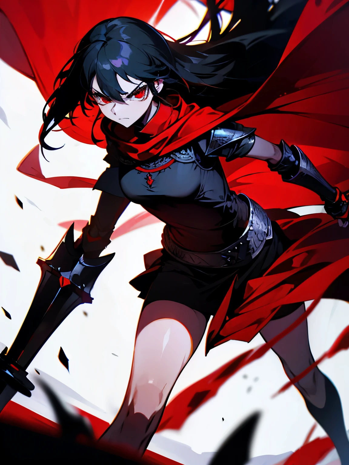 girl with one weapon in her hands , tactical clothes , long cloak , short hair , serious face . Best quality