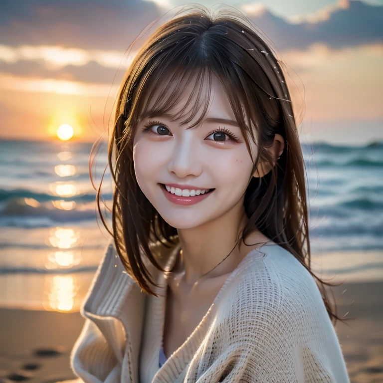 ((Highest quality)), ((masterpiece)), (detailed), ((Highest quality))、8k、High resolution、Perfect Face, Japanese、2、female、Sandy Beach、Watching the sunset、、dusk、A happy smile、