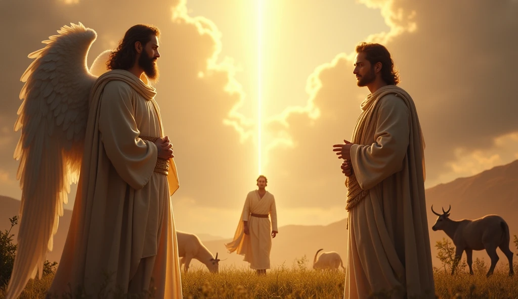 "Portray a scene inspired by the Bible, where God addresses an angel in a serene heavenly setting. Divine light radiates softly, illuminating the face of the Lord, who watches with admiration. In front of you, a majestic-looking angel listens attentively. Ao fundo, a representation of the Earth, onde o servo Good, a man of dignified and strong appearance, is seen in your everyday life, surrounded by fertile fields and healthy animals. Your expression reflects integrity and faith, as he walks away from a shadow that represents evil. The image should capture the essence of virtue and reverence, symbolizing the message of righteousness and fear of God."