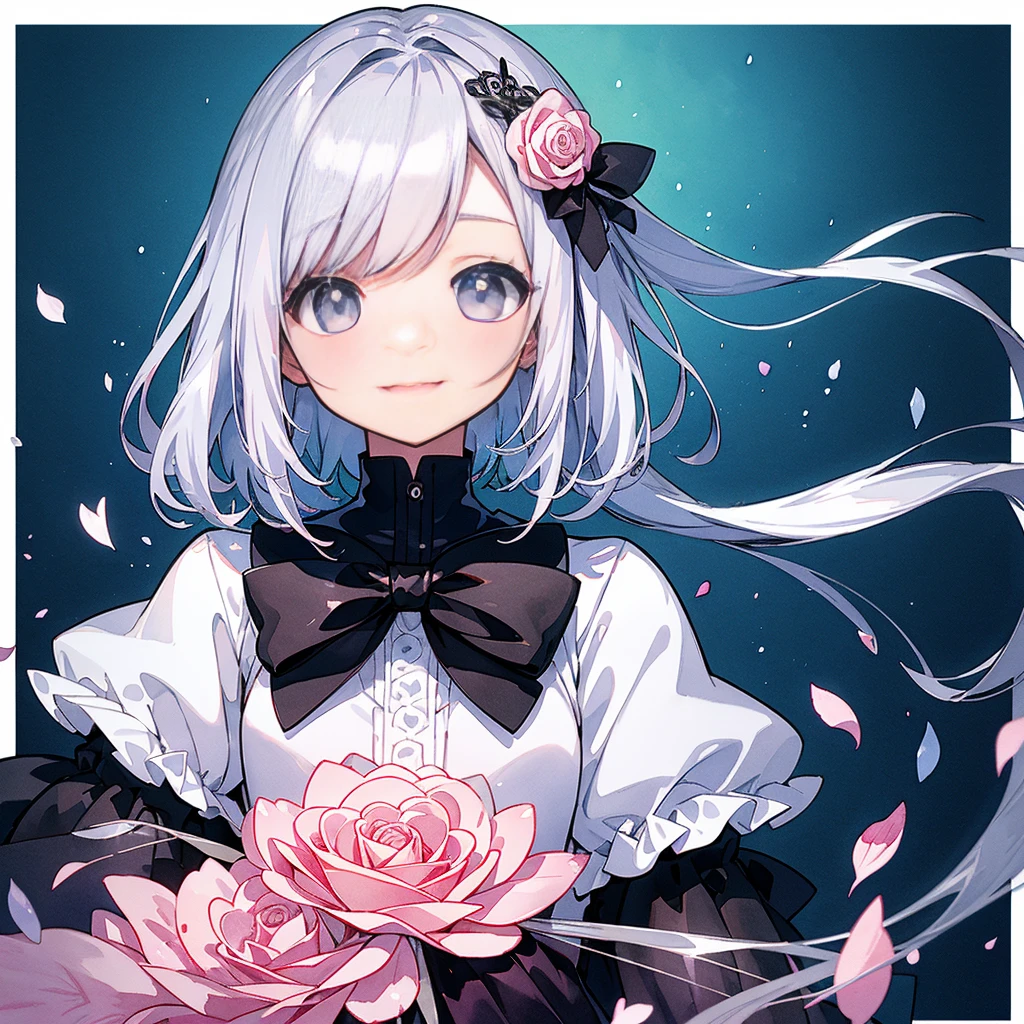 Transparent watercolor、、Gemstone Eyes、Beautiful layout and motif、Depth of written border、smile、Flat avatar、1 person、bow、Silver Hair((Medium Hair、Straight Hair))、White bristles、Fashionable design clothes、Background white、Rose petals、cute、black and pink goth、