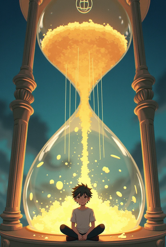 Anime guy sitting inside the bottom of a giant hourglass