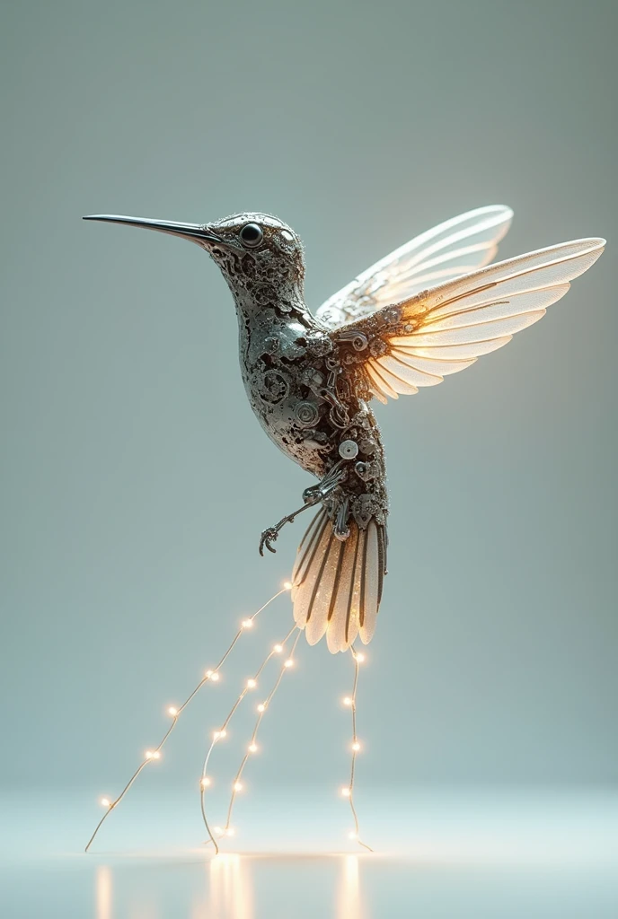 (photorealism:1.2), Make an image of a flying hummingbird created with mechatronic type mechanical parts and generating LED type lights around its body