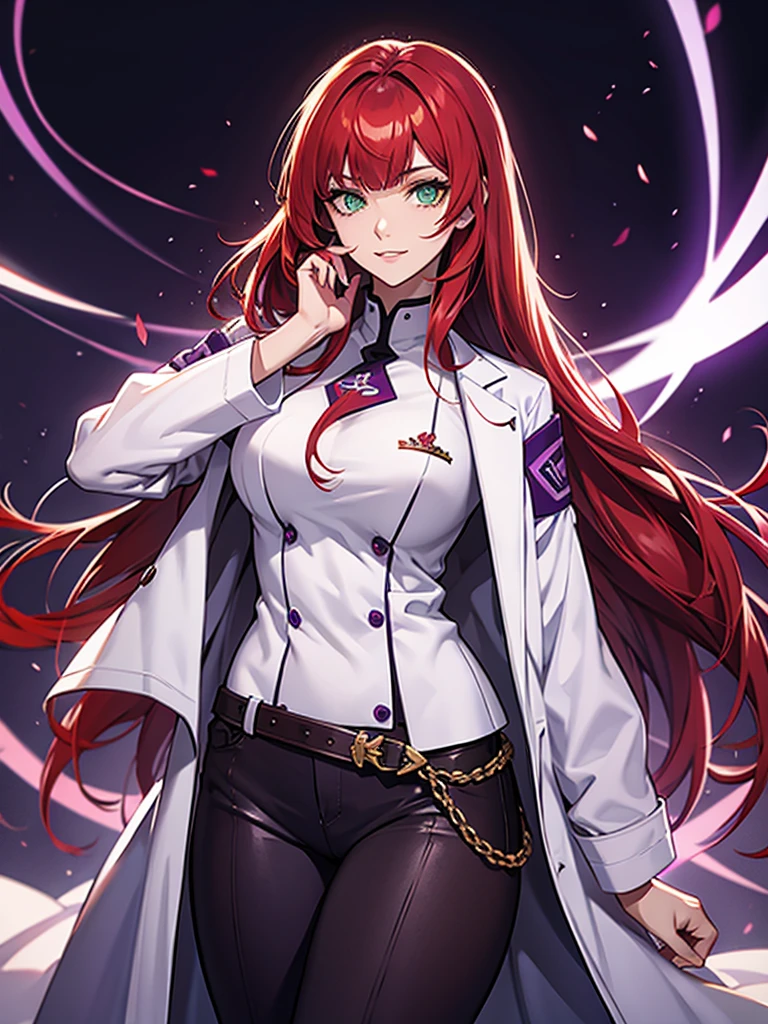 green eyes, red hair with long bangs, noble. sadistic women, wavy long hair. strong woman. purple outfit. she quiet. wear white jacket and dark purple t shirt. background in laboratory