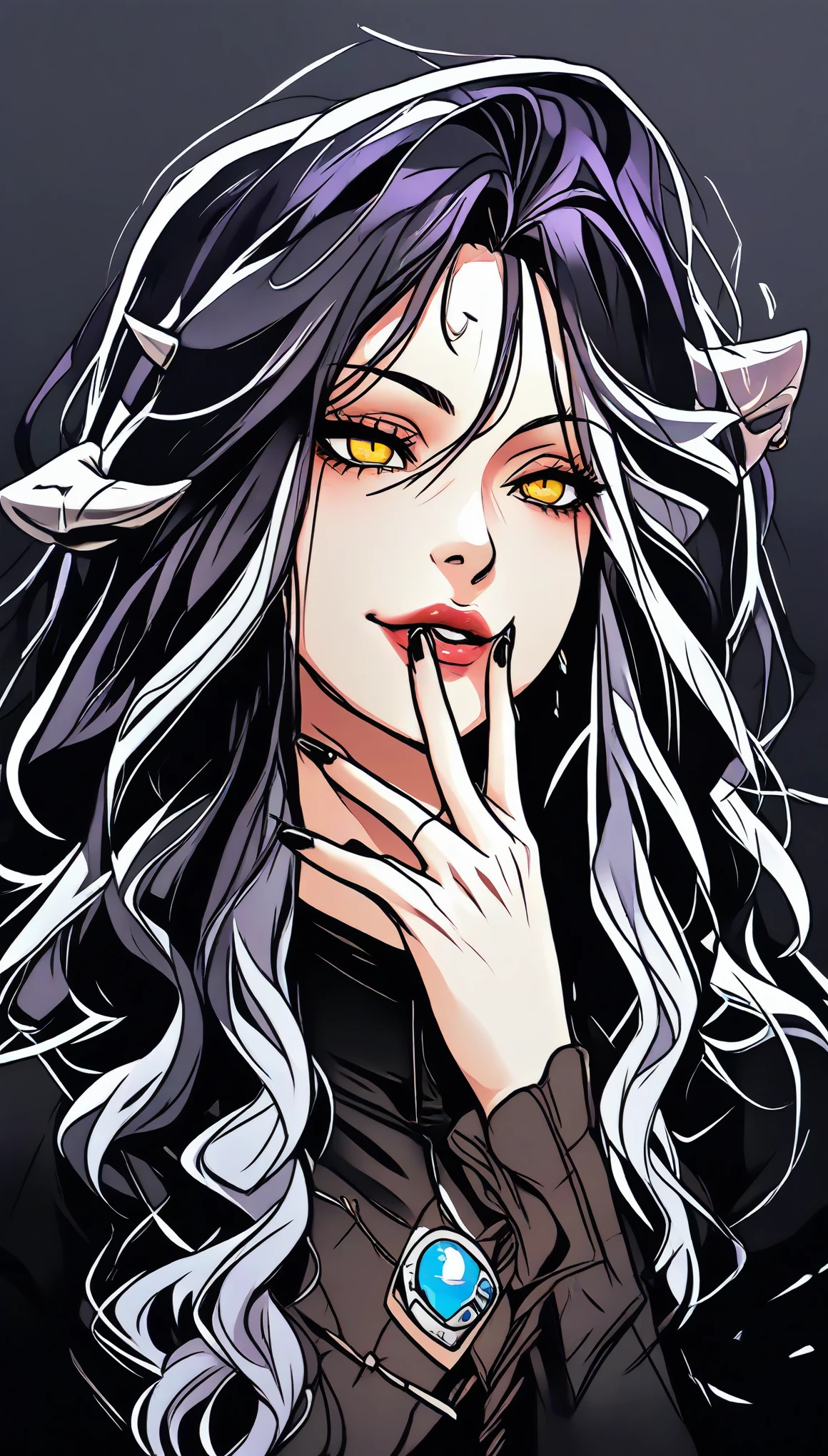 A demonic and seductive looking anime character, with black wings, long dark flowing hair, bright golden eyes, and curved horns like those of a ram. has pale skin, a mischievous smile and a playful and mysterious expression, holding a finger to his lips as if silencing someone. She wears a white dress with intricate detailing and gold accents, along with a blue gem on his chest. The scene is dramatically lit., with soft shadows that enhance her sharp features, as the background fades into darkness, adding an enigmatic and magical touch. The style is a mix of anime fantasy with intricate details, Capturing an intense portrait, close and dynamic,ear piercing,tattoos