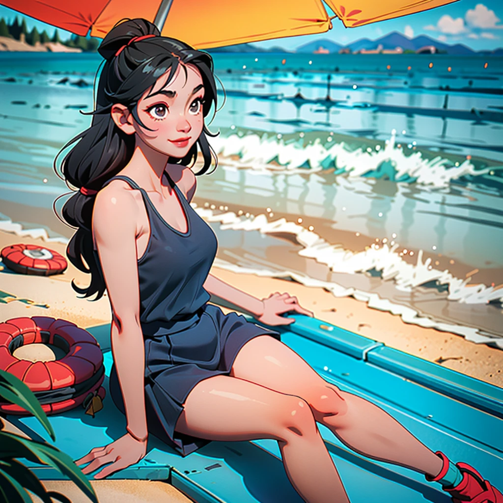 A young woman in a tank top enjoying the beach, chubby, Japanese, cute, fair-skinned, smiling, alone, Long black hair, bright sun, southern island, sea, sunburn marks
