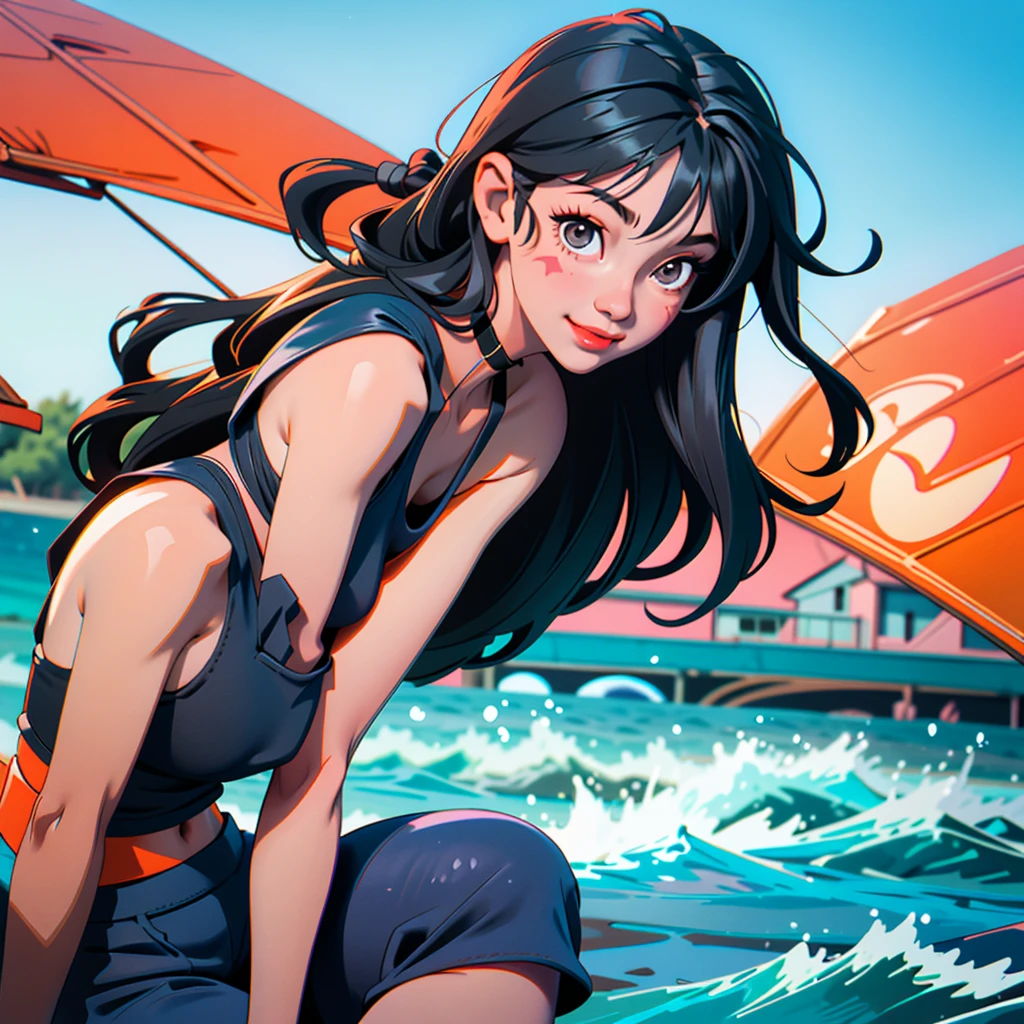 a man on the beach, 2d illustration, ready to surf, detailed anatomy, muscular build, flawless skin, intense gaze, windswept hair, holding a surfboard, crashing waves, tropical palm trees, golden sun rays, vibrant colors, cinematic lighting, photorealistic, ultra-detailed, 8k, best quality, masterpiece