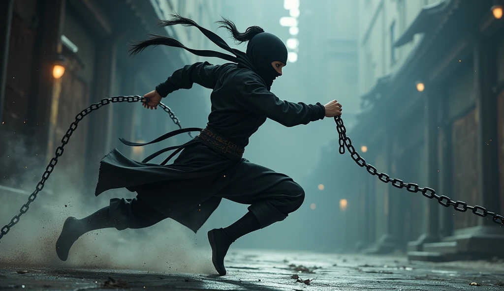 a female ninja in a dark atmosphere, chains flying out from all directions, chains as main weapon, randomized chain movements, chains flying towards the viewer, strong depth of field, Powerful Movement、jump on prey、((Dynamic Jumps))