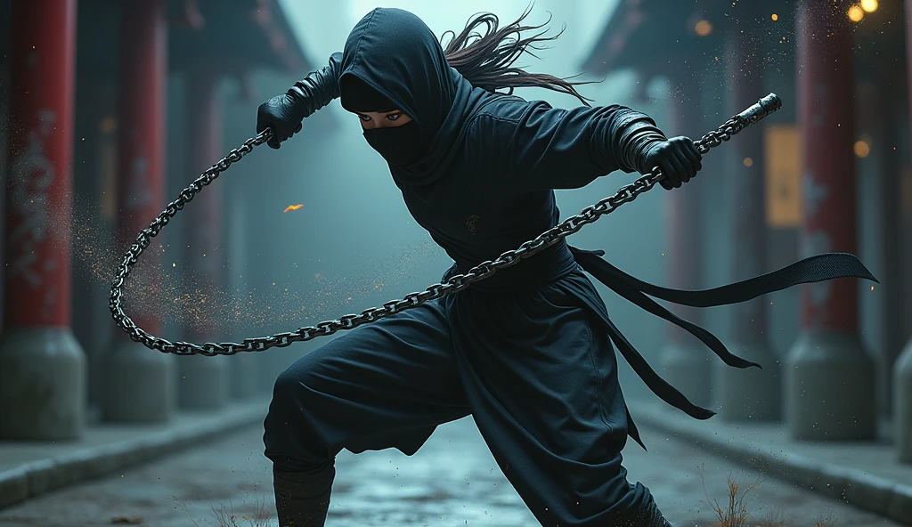 a female ninja in a dark atmosphere, chains flying out from all directions, chains as main weapon, randomized chain movements, chains flying towards the viewer, strong depth of field, Powerful Movement、jump on prey、((Dynamic Jumps))