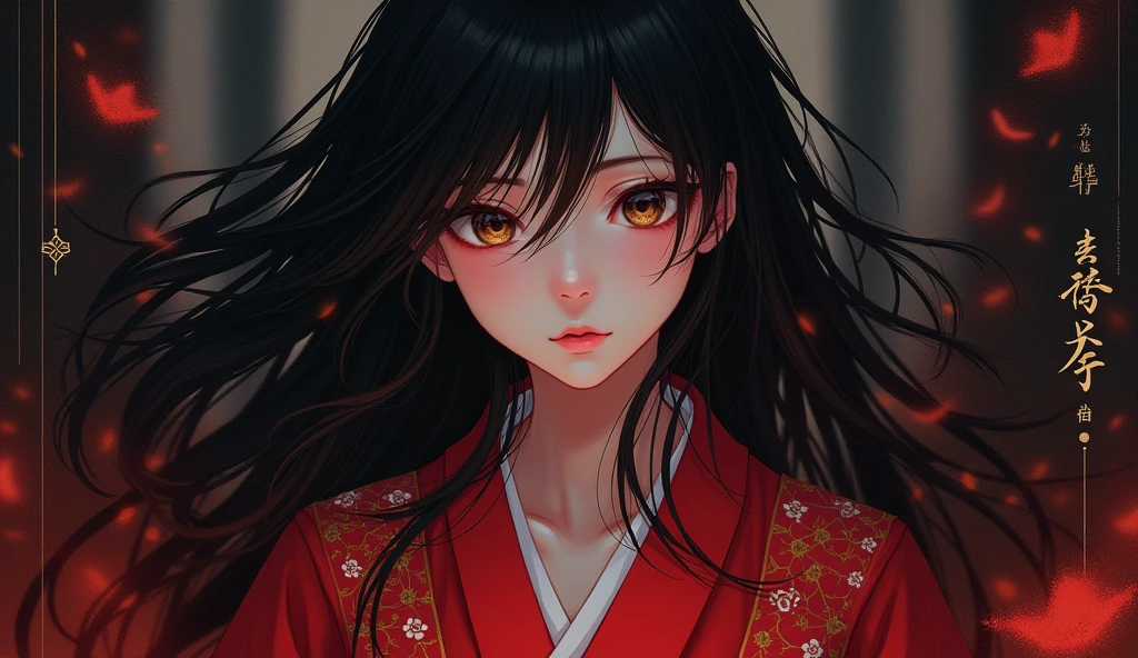 A anime girl with dark background and japanese illustration and red clothing