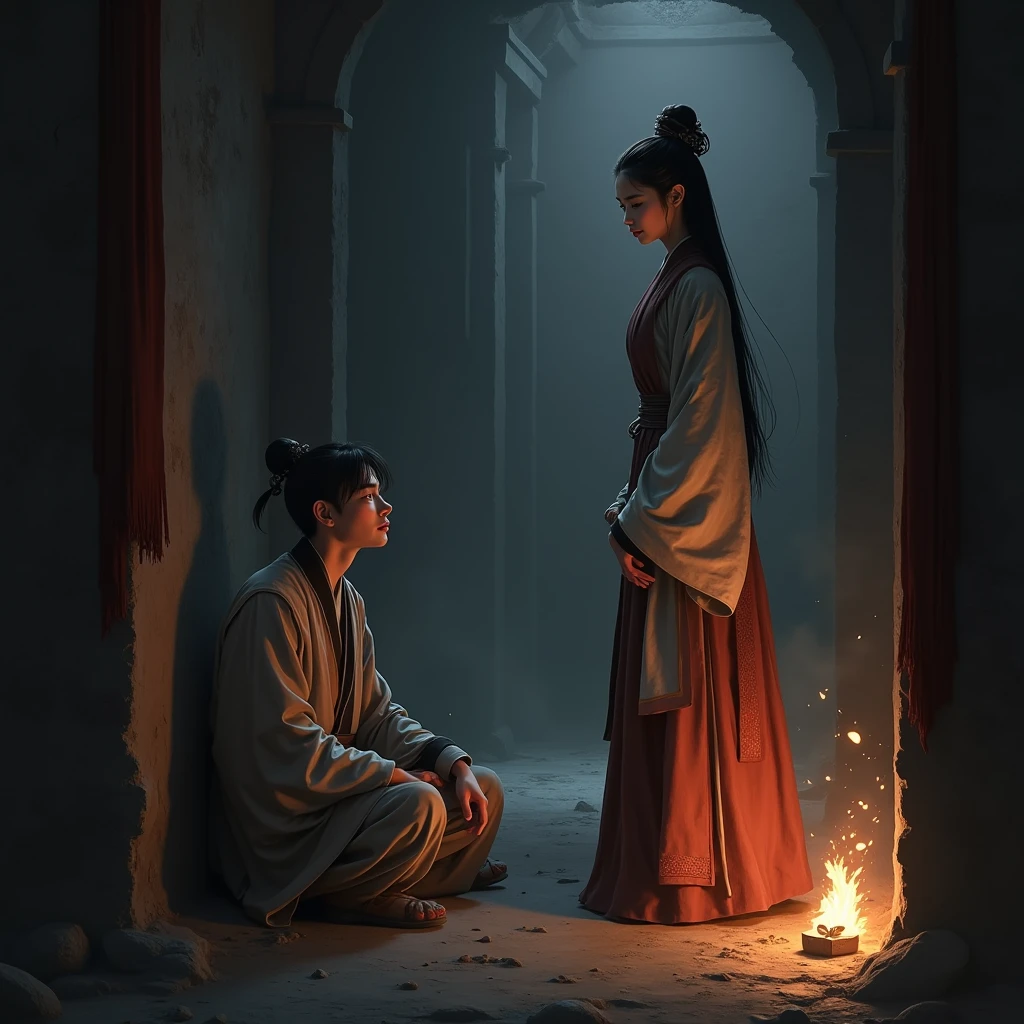 A beautiful young woman with a sweet face and a beautiful smile in the dark brown dress of a full-fledged official from the Han Fu Dynasty stopped and looked into the cell in the underground dungeon where a young man with disheveled hair and a white shirt in a torn prison uniform was sitting with his back against the wall and his knees raised. The atmosphere was dark with only the light from a torch inside. In the ancient China of the Jin Dynasty, when looking from a distance he could see him standing fully.