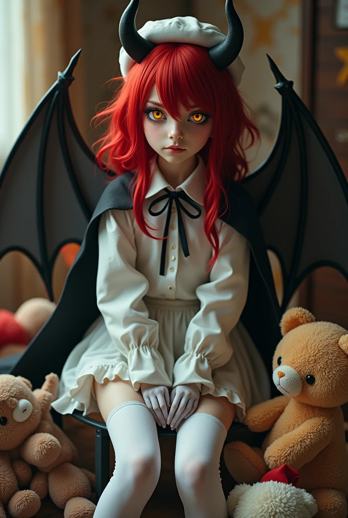 masteRpiece, best quality, 1giRl, Solitary, Yellow eyes, Red haiR, small bReast, demon giRl, Devil's Tail, Devil Wings, small demon hoRns, pointy eaRs, (small bReast), (flat chest), Double tail, bat hair ornament, cape, white shiRt, white legweaR, Plush Toys, Stuffed Animals, beRet, Gloves, Bangs, have