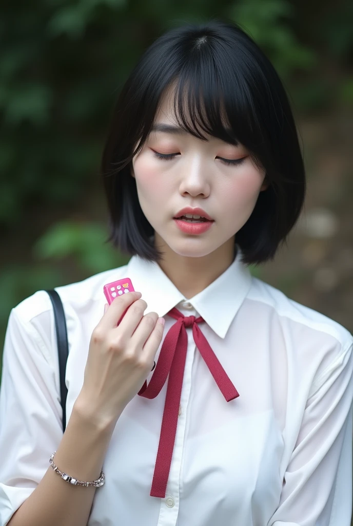 Highest quality,Japanese Idols, Short Bob Hair、bangs、Award-winning photo, Very detailed, Edge Orgasm, Face Focus, (Woman with open mouth and closed eyes ), Age 25、Black Hair、 News anchor、Glowing Skin,From below、Realistic nostrils、Browsing Caution,Shortcuts、Big Breasts、Vibrator prank in public, Big Breasts Women in Public, She leaned back., (She closed her eyes), she yawns, Hand holding a pink remote control outside the frame, She wants you to stop using vibrators