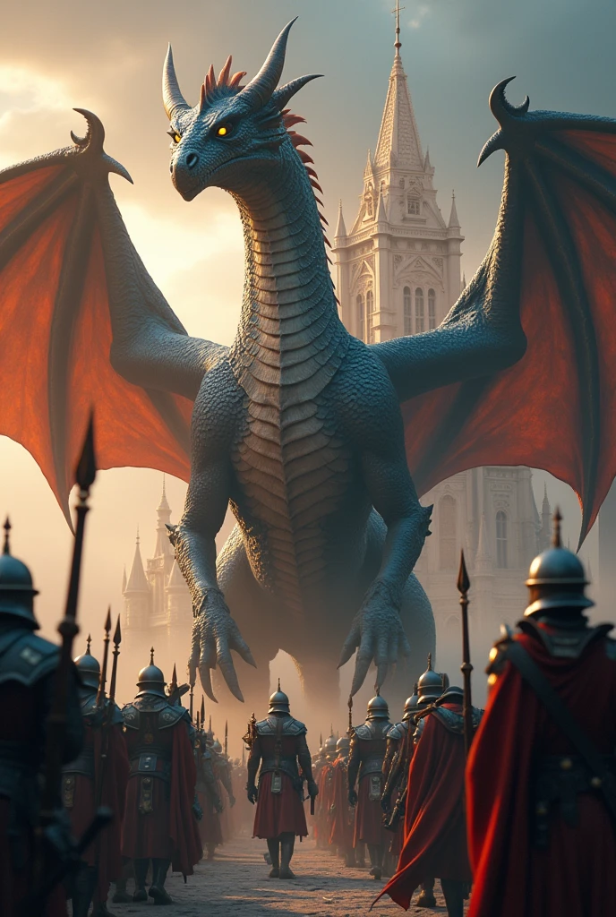 A victorious dragon guarding its kingdom and treasure, humans in retreat after defeat, restoring peace and security, (best quality,4k,8k,highres,masterpiece:1.2),ultra-detailed,(realistic,photorealistic,photo-realistic:1.37),dramatic lighting,cinematic,epic fantasy,dramatic sky,magnificent castle,detailed dragon scales,powerful dragon,ornate dragon throne,glowing dragon eyes,majestic dragon wings,detailed human figures,defeated human soldiers,rich colors,dramatic shadows,volumetric lighting