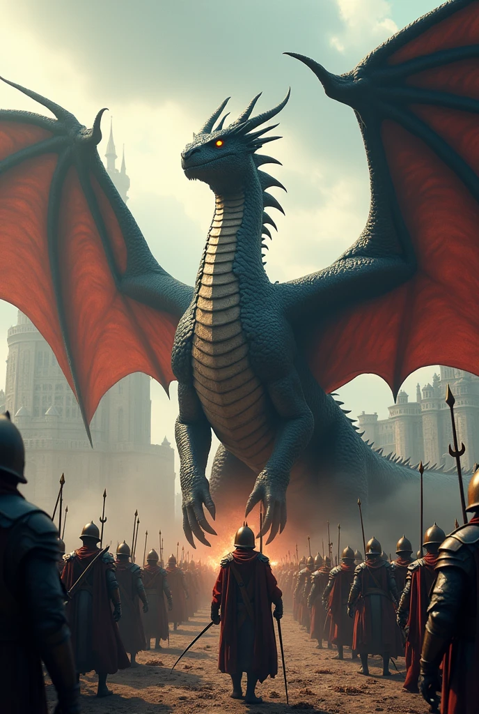 A victorious dragon guarding its kingdom and treasure, humans in retreat after defeat, restoring peace and security, (best quality,4k,8k,highres,masterpiece:1.2),ultra-detailed,(realistic,photorealistic,photo-realistic:1.37),dramatic lighting,cinematic,epic fantasy,dramatic sky,magnificent castle,detailed dragon scales,powerful dragon,ornate dragon throne,glowing dragon eyes,majestic dragon wings,detailed human figures,defeated human soldiers,rich colors,dramatic shadows,volumetric lighting