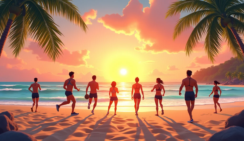 Create a horizontal background on the beach where you can see a sunrise at sea, palm trees and on the sand in the distance there is a group of men and women in sportswear doing different sports. It should be an animated image with clear and bright colors