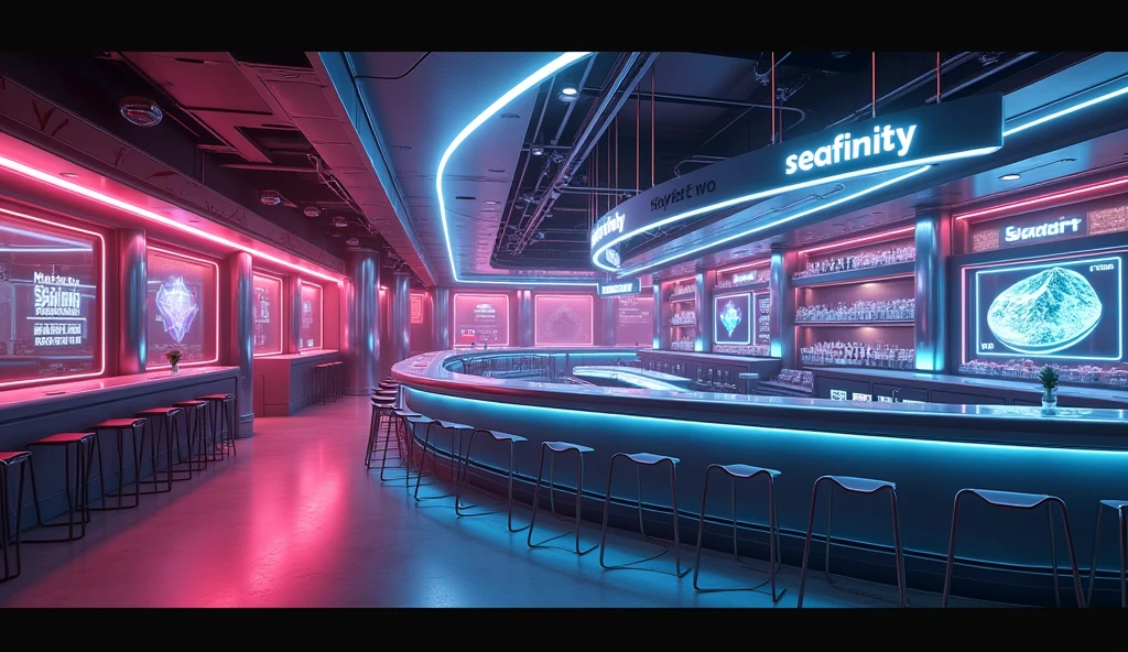 Photographic grade,Movie quality,CG Wallpaper,An interior view of a cyber bar with a strong atmosphere,Store name displayed on bar counter"SeaArt Infinity"