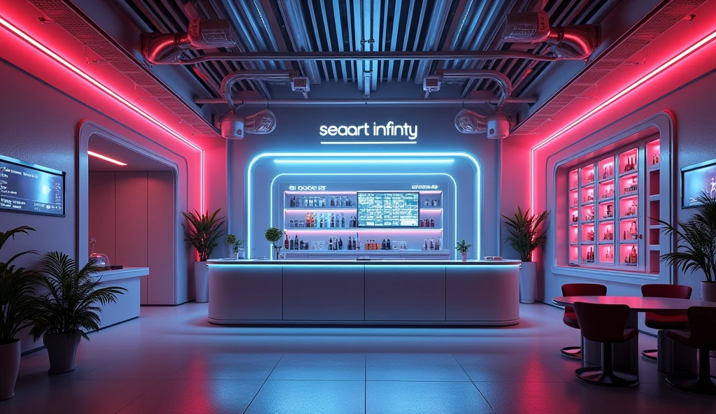 Photographic grade,Movie quality,CG Wallpaper,An interior view of a cyber bar with a strong atmosphere,Store name displayed on bar counter"SeaArt Infinity"