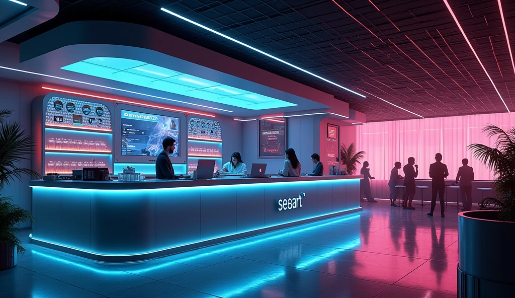 Photographic grade,Movie quality,CG Wallpaper,An interior view of a cyber bar with a strong atmosphere,Store name displayed on bar counter"SeaArt Infinity"