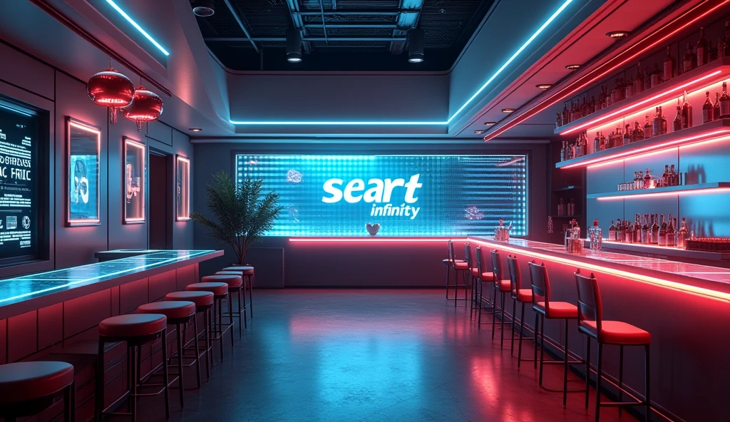Photographic grade,Movie quality,CG Wallpaper,An interior view of a cyber bar with a strong atmosphere,Store name displayed on bar counter"SeaArt Infinity"