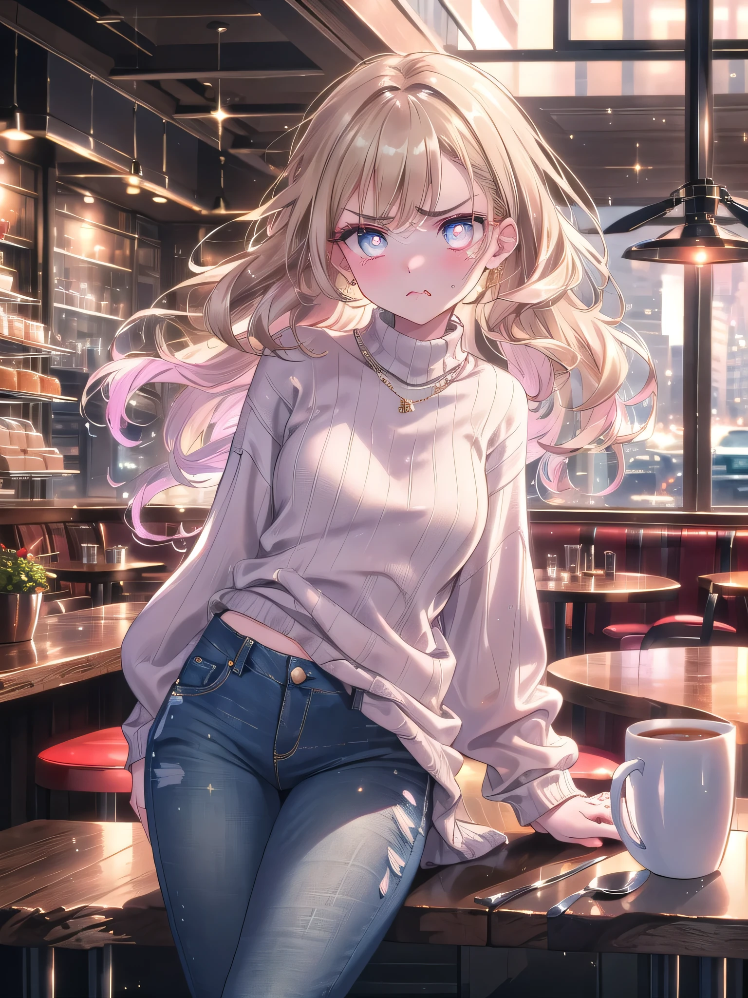 ((8k, Highest quality, masterpiece: 1.3)),Ultra-high resolution,(1 girl, alone), (Color changing eyes, Ultra-detailed, Expressive brilliance, Glitter, Glowing Eyes), Highly detailed eyes, Highly detailed face, Random Hair, ((pastel colour) The woman is at a bustling, urban café, the background filled with the sounds of the city and the clatter of dishes. A cup of espresso and a tiny spoon rest on the table in front of her. She’s dressed in a stylish, casual outfit—a cropped sweater paired with high-waisted jeans and ankle boots, her hair styled in soft waves. She looks at the camera with a slightly irritated, pouty expression, her lips pursed and her brow furrowed as if she’s mildly annoyed by something, but there’s a playful glint in her eyes that suggests she’s not too serious about it.