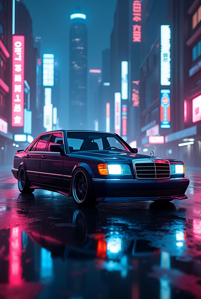 Mercedes w202 1996 body dark navy blue with yilduz 13 holes rims cyberpunk neon city at night