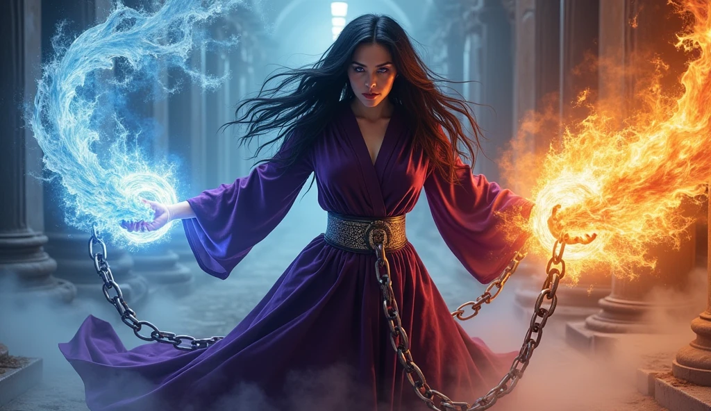 photo of a sorcerer casting magic, one left hand is a massive steel chain with ice effect, right hand is a massive steel chain with fire effect, she wearing a dark violet tunic made from velvet, she has long messy black hair and purple eyes, the chain is floating in the air, cinematic lighting, vidid light, Powerful Movement、jump on prey、((Dynamic Jumps))